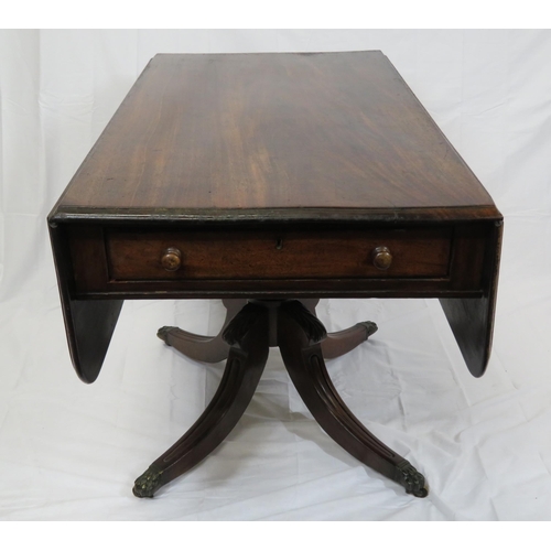 120 - Georgian mahogany Pembroke table with drop leaves, pull-out supports, frieze drawer with bun handles... 