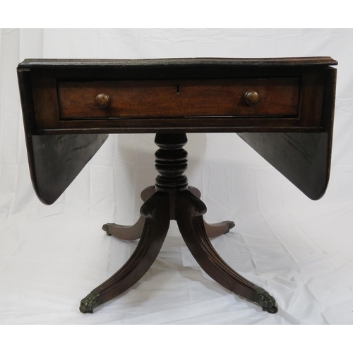 120 - Georgian mahogany Pembroke table with drop leaves, pull-out supports, frieze drawer with bun handles... 