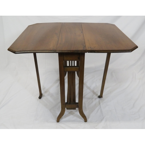 121 - Edwardian mahogany Pembroke table with drop leaves, angled corners, railed sides, on bracket feet