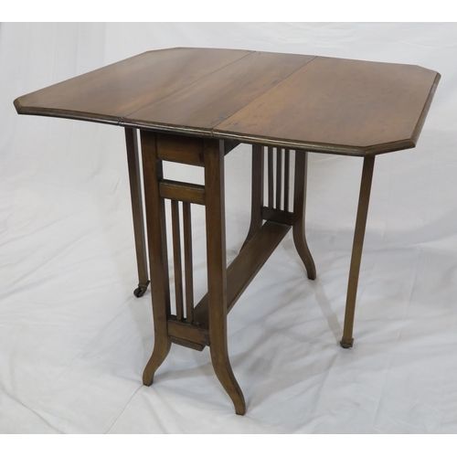 121 - Edwardian mahogany Pembroke table with drop leaves, angled corners, railed sides, on bracket feet