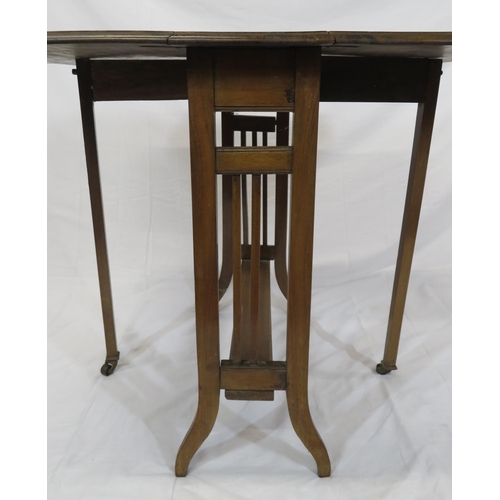 121 - Edwardian mahogany Pembroke table with drop leaves, angled corners, railed sides, on bracket feet