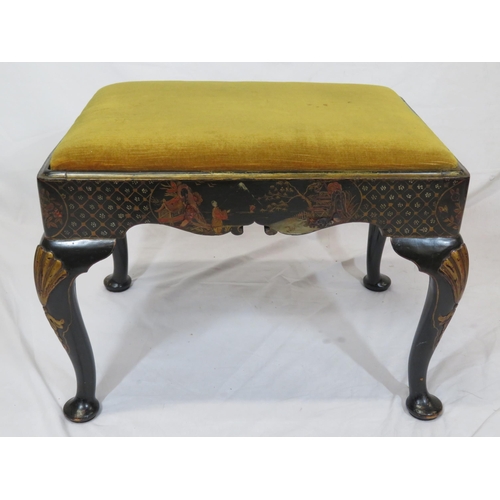 134 - Victorian ebonised Chinoiserie stool with upholstered drop-in seat, decorated with figures and folia... 