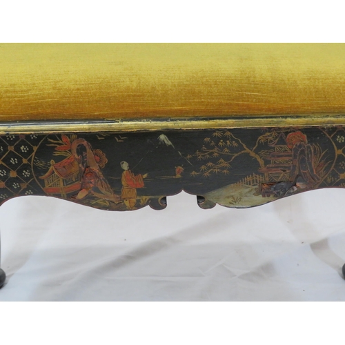 134 - Victorian ebonised Chinoiserie stool with upholstered drop-in seat, decorated with figures and folia... 