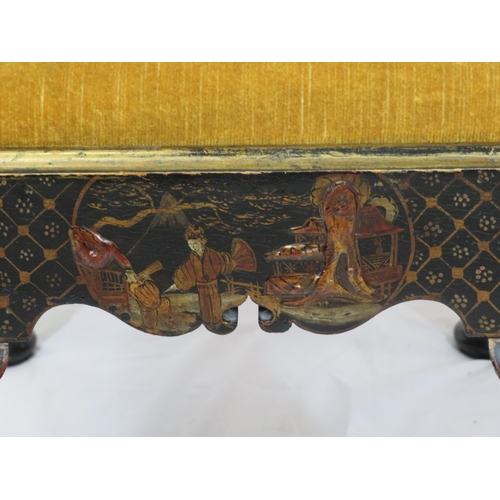 134 - Victorian ebonised Chinoiserie stool with upholstered drop-in seat, decorated with figures and folia... 