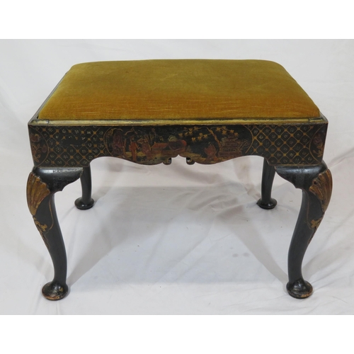 134 - Victorian ebonised Chinoiserie stool with upholstered drop-in seat, decorated with figures and folia... 