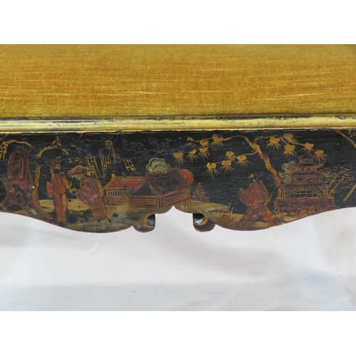 134 - Victorian ebonised Chinoiserie stool with upholstered drop-in seat, decorated with figures and folia... 