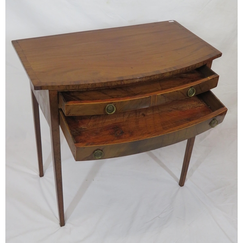 136 - Georgian inlaid and crossbanded mahogany bow fronted side table with two short and one long drawer, ... 