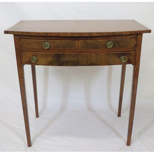 136 - Georgian inlaid and crossbanded mahogany bow fronted side table with two short and one long drawer, ... 