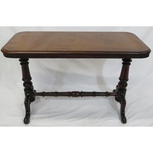 144 - Victorian oblong mahogany occasional table with turned columns and stretcher, on hipped cabriole leg... 