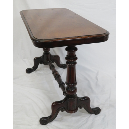 144 - Victorian oblong mahogany occasional table with turned columns and stretcher, on hipped cabriole leg... 