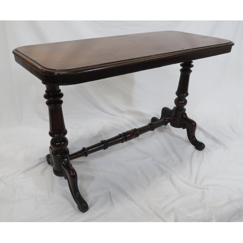 144 - Victorian oblong mahogany occasional table with turned columns and stretcher, on hipped cabriole leg... 