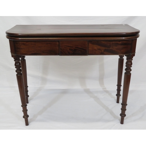 155 - Victorian mahogany tea table with fold-over top, pull-out gateleg support, rounded corners, on turne... 