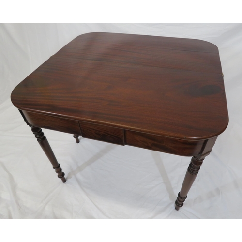 155 - Victorian mahogany tea table with fold-over top, pull-out gateleg support, rounded corners, on turne... 