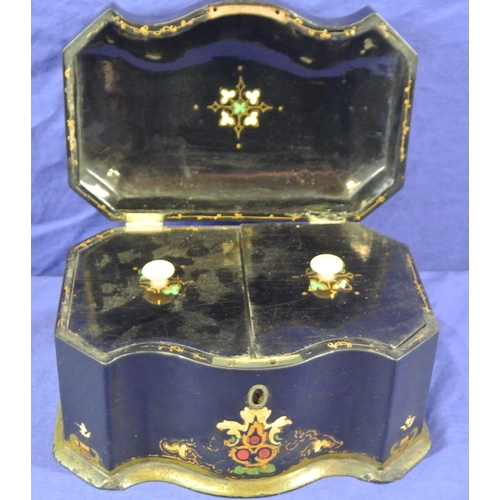 158 - Victorian papiermache tea caddy with serpentine borders, foliate decoration, and fitted interior