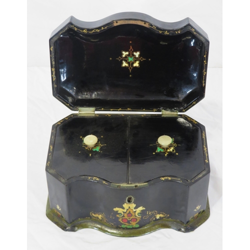 158 - Victorian papiermache tea caddy with serpentine borders, foliate decoration, and fitted interior