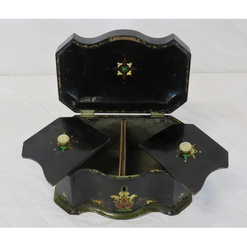 158 - Victorian papiermache tea caddy with serpentine borders, foliate decoration, and fitted interior