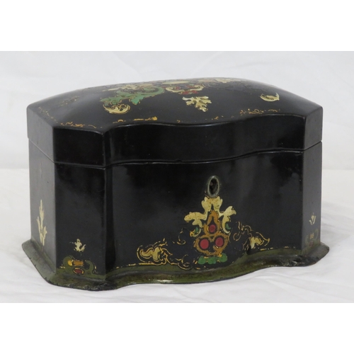 158 - Victorian papiermache tea caddy with serpentine borders, foliate decoration, and fitted interior