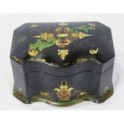 158 - Victorian papiermache tea caddy with serpentine borders, foliate decoration, and fitted interior