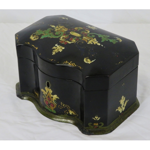 158 - Victorian papiermache tea caddy with serpentine borders, foliate decoration, and fitted interior