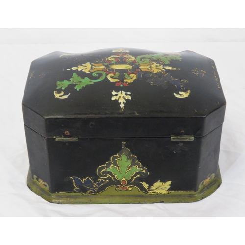 158 - Victorian papiermache tea caddy with serpentine borders, foliate decoration, and fitted interior