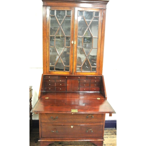 160 - Victorian mahogany bureau bookcase, the top with astragal glazed doors, shelved interior, bureau wit... 