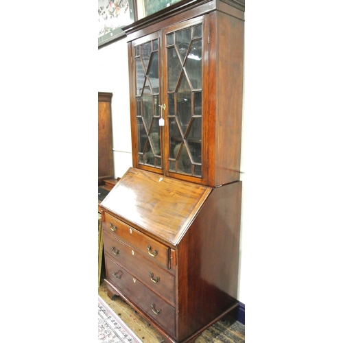 160 - Victorian mahogany bureau bookcase, the top with astragal glazed doors, shelved interior, bureau wit... 