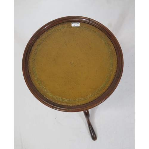 17 - Edwardian round occasional or lamp table with leatherette inset, shaped column, on tripod