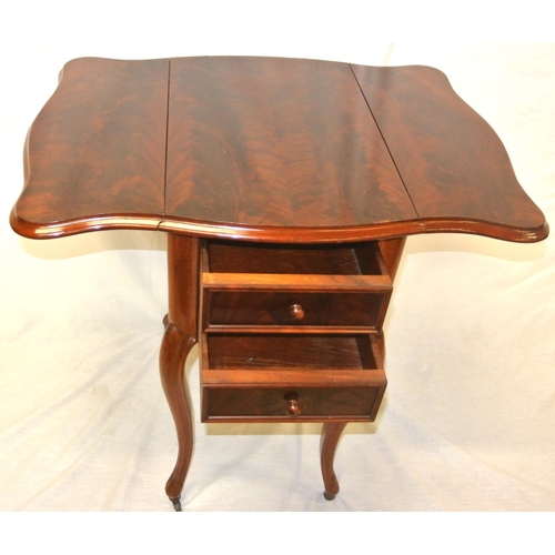 181 - Edwardian mahogany Pembroke work table with drop leaves, serpentine borders, two drawers, one press,... 