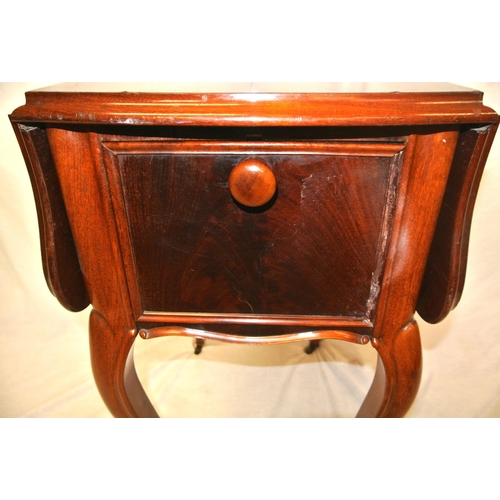 181 - Edwardian mahogany Pembroke work table with drop leaves, serpentine borders, two drawers, one press,... 