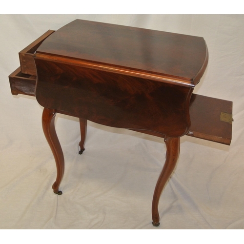 181 - Edwardian mahogany Pembroke work table with drop leaves, serpentine borders, two drawers, one press,... 