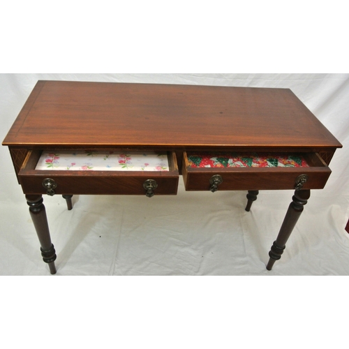 21 - Edwardian inlaid mahogany hall or side table with frieze drawers, shaped drop handles, on turned tap... 