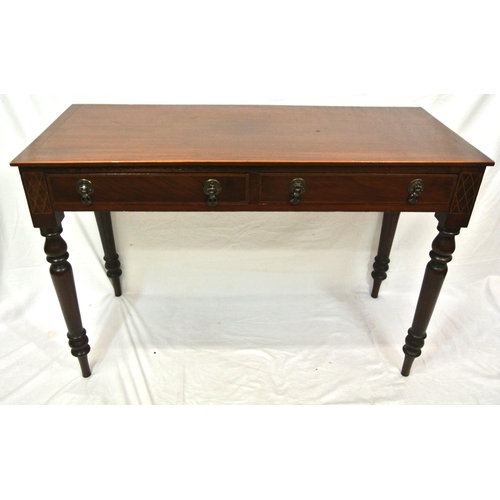 21 - Edwardian inlaid mahogany hall or side table with frieze drawers, shaped drop handles, on turned tap... 