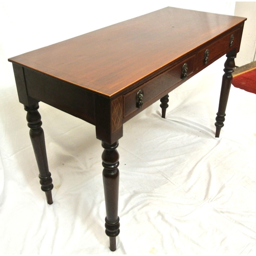 21 - Edwardian inlaid mahogany hall or side table with frieze drawers, shaped drop handles, on turned tap... 