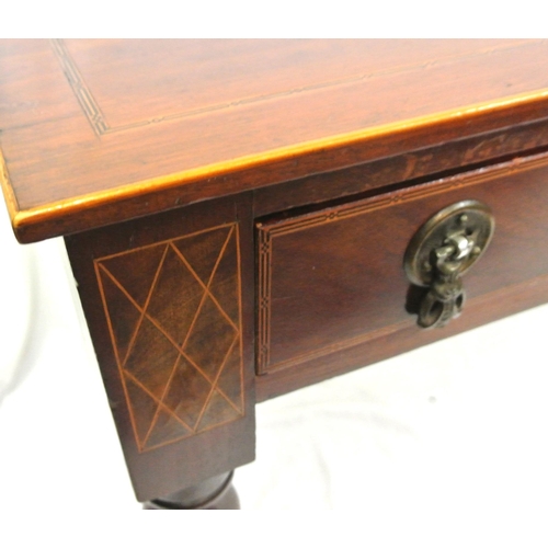 21 - Edwardian inlaid mahogany hall or side table with frieze drawers, shaped drop handles, on turned tap... 