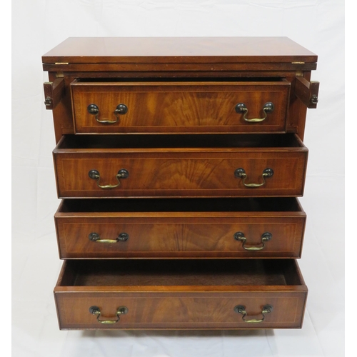 31 - Edwardian inlaid mahogany bachelors chest with fold-over top, pull-out supports, four drawers with b... 