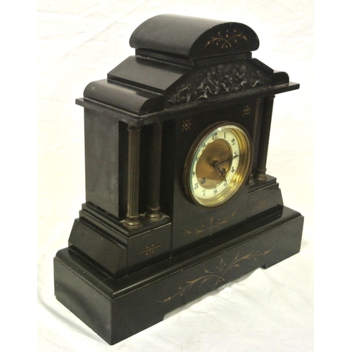 37 - French style slate mantle clock with circular brass framed dial, and foliate decoration