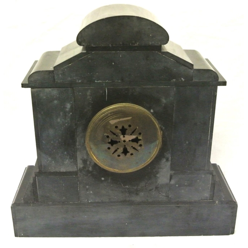 37 - French style slate mantle clock with circular brass framed dial, and foliate decoration