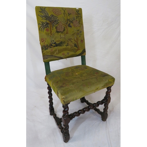 374 - Georgian mahogany highback hall chair with scenic upholstery, turned legs and twist stretcher, on bu... 