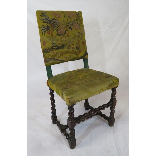 374 - Georgian mahogany highback hall chair with scenic upholstery, turned legs and twist stretcher, on bu... 