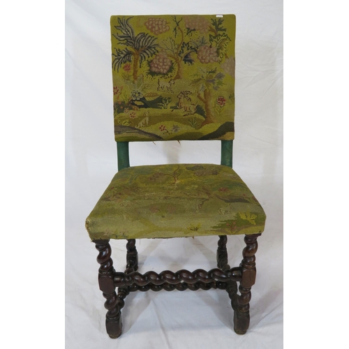 374 - Georgian mahogany highback hall chair with scenic upholstery, turned legs and twist stretcher, on bu... 