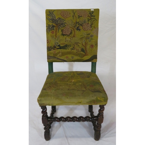 374 - Georgian mahogany highback hall chair with scenic upholstery, turned legs and twist stretcher, on bu... 