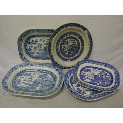 43 - 5 Victorian style willow pattern blue & white decorated platters