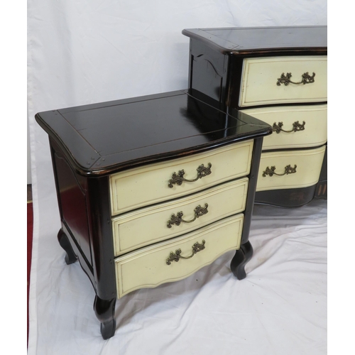 5 - Three piece French style bedroom suite of two low and one larger chest of drawers with ornate candle... 