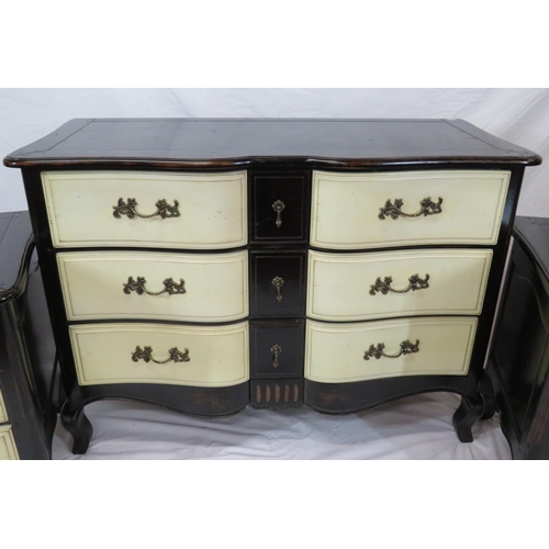 5 - Three piece French style bedroom suite of two low and one larger chest of drawers with ornate candle... 