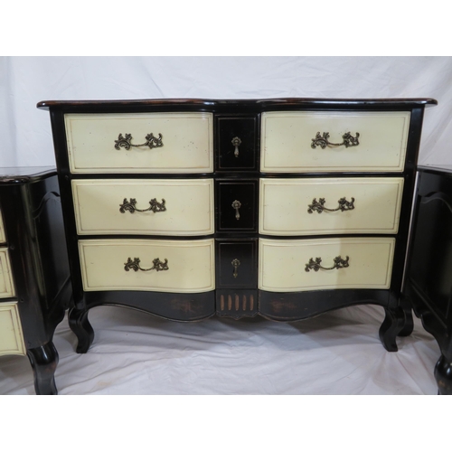 5 - Three piece French style bedroom suite of two low and one larger chest of drawers with ornate candle... 