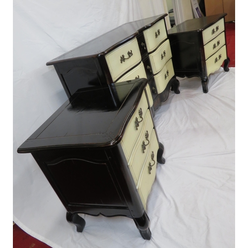 5 - Three piece French style bedroom suite of two low and one larger chest of drawers with ornate candle... 