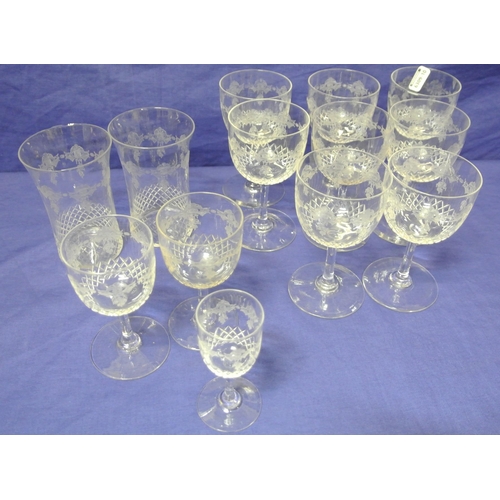 6 - Assorted lot of Edwardian etched glasses with foliate decoration