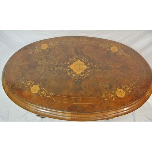 60 - Victorian inlaid walnut oval occasional table with ornate string and foliate satinwood inlay, raised... 