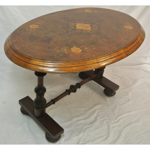 60 - Victorian inlaid walnut oval occasional table with ornate string and foliate satinwood inlay, raised... 