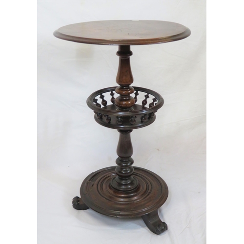 61 - Victorian mahogany two tier round occasional table with baluster rails, turned plinth, with scroll f... 